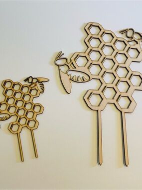 Wooden Bee and Honeycomb Garden Stakes - Natural